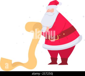 Weihnachten und Neujahrsfeiern, Winterferientraditionen und Spaß. Isolierter Weihnachtsmann mit Kinderwunschliste, die Träume von Kindern erfüllen. Weihnachtliche festliche Stimmung, Vektor im flachen Stil. Der Weihnachtsmann liest die Wunschliste der Kinder Stock Vektor