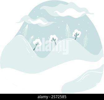 Landschaft mit Winterwald mit Kiefern und schneebedeckten Hügeln. Malerische Aussicht auf Berge, Hänge und Pflanzen, Schönheit im Freien auf dem Land oder auf dem Dorffeld. Vektor in abgewickelter Form. Schneebedecktes Wetter im Winterwald mit Kiefern Stock Vektor