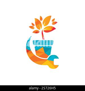 Logo-Konzept „Garden fix Vector“. Logo-Symbol für Blumentopf und Schraubenschlüssel. Stock Vektor