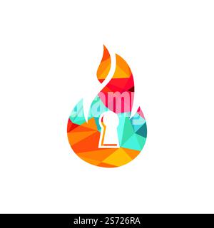 Design-Vorlage für das Schlüssellogo des Feuerschutzvorhängeschlosses. Logo-Symbol für Feuerlöscher. Stock Vektor