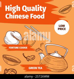 Glückskeks und grüner Tee in chinesischen oder japanischen Restaurants oder Cafés mit niedrigen Preisen und Ermäßigungen. Hochwertige Speisen und Gerichte, orientalische Kultur und köstliche Küche. Vektor in abgewickelter Form. Hochwertiges chinesisches Essen, Glückskeks und Tee Stock Vektor