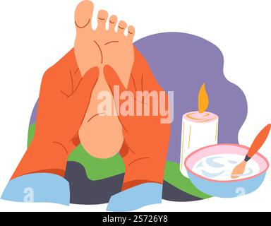 Massage und Behandlung der Haut der Füße, isolierte Spa-Salon-Prozedur, Verwöhnung und Feuchtigkeitsspende, Linderung von Schmerzen und Verspannungen am Fuß. Kerze und aromatische ätherische Öle. Vektor in abgewickelter Form. Fußmassage, Aromatherapie und ätherische Öle Stock Vektor