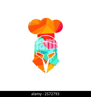 Designvorlage für das Vektorlogo des Spartanischen Küchenchefs. Minimales Logo des Chefkämpfers mit Darstellung des Chefhut-Vektors. Stock Vektor