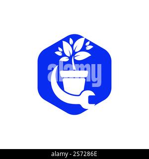 Logo-Konzept „Garden fix Vector“. Logo-Symbol für Blumentopf und Schraubenschlüssel. Stock Vektor