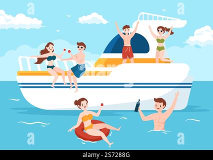 Yachten Vorlage Handgezeichnete Cartoon flache Illustration mit Menschen Tanzen, Sonnenbaden, Cocktails trinken und entspannen auf der Kreuzfahrt-Yacht am Ozean Stock Vektor