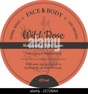 Gesichts- und Körperkosmetik für Schönheit und Wellness. Isoliertes abgerundetes Etikett, feuchtigkeitsspendende Nachtcreme mit Extrakt aus Wildrose. Kräuterserie, natürliche und biologische Zutaten und Produktion. Vektor in der Ebene. Extrakt aus Wildrosen-, Gesichts- und Körperkosmetik Stock Vektor