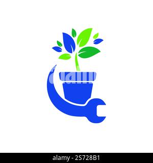 Logo-Konzept „Garden fix Vector“. Logo-Symbol für Blumentopf und Schraubenschlüssel. Stock Vektor