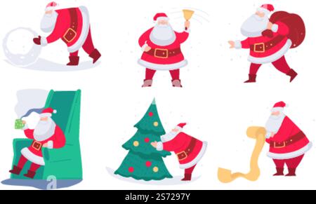 Vorbereitungen für Weihnachten und Neujahrsfeier, isolierter Weihnachtsmann mit Geschenksack für Weihnachten. Mann klingelt Glocke, sitzt im Sessel und liest Wunschliste, dekoriert Baum Vektor. Weihnachtsmann bereitet sich auf Weihnachten und Neujahr vor Stock Vektor