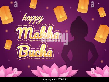 Happy Makha Bucha Day Template Handgezeichneter Cartoon flache Illustration Buddha sitzt in Lotusblume unter Bodhi Baum in der Nacht von Mönch umgeben Stock Vektor