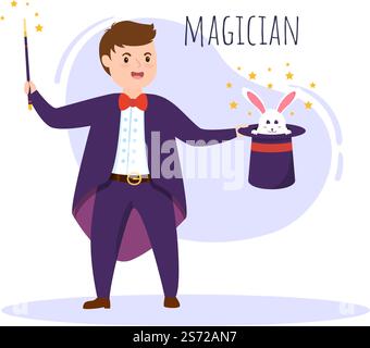 Zauberer Illusionist beschwört Tricks und winkt einen Zauberstab über seinen geheimnisvollen Hut auf einer Bühne in Template Hand Drawn Cartoon Flat Illustration Stock Vektor