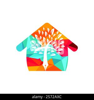 Baumstift und Kreuz mit dem Logo „Home Vector“. Bibellernen und Unterricht. Stock Vektor