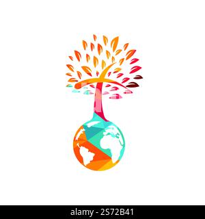 Designvorlage für das Vektorlogo der globalen Kirche. Globe mit Vektorsymbol für Kreuzbaum. Stock Vektor
