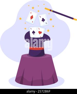 Zauberer Illusionist beschwört Tricks und winkt einen Zauberstab über seinen geheimnisvollen Hut auf einer Bühne in Template Hand Drawn Cartoon Flat Illustration Stock Vektor