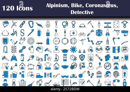 120 Ikonen Des Alpinismus, Fahrrad, Coronavirus, Detektiv, Restaurant. Editierbare Fett Formatigte Kontur Mit Farbfüllungsdesign. Vektorgrafik. Stock Vektor