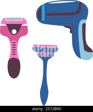 Rasierer zum Rasieren von Körperhaut, Entfernen und Epilieren. Isolierter Laser zur Enthaarung im Spa-Salon, in der professionellen Behandlung und in der Kosmetik. Pflege durch Facharzt, Vektor in flacher Illustration. Epilierungs- und Enthaarungsset, Laser- und Rasierapparat Stock Vektor