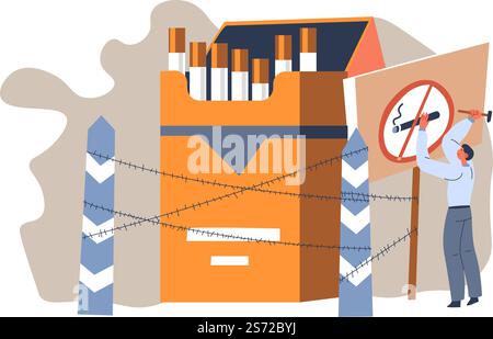 Männlicher Charakter, der das Rauchen mit Zigaretten verbietet. Ungesunde Gewohnheiten schlecht für Körperorganismen und Lungen. Süchtig machende Droge, verbotene Notiz, Vektor in flacher Illustration. Gefährliche Rauchgewohnheit, Verbotszeichen Vektor Stock Vektor