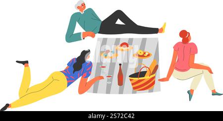 Freunde, die draußen essen, arrangierten ein Picknick im Freien, isolierte Leute, die auf einer Decke sitzen und Essen im Korb haben. Wein trinken und interagieren, Kommunikation und Entspannung beim Abendessen. Vektor in abgewickelter Form. Leute, die draußen picknicken, Freunde essen auswärts Stock Vektor