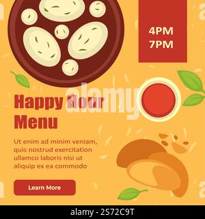 Restaurant oder Café mit Happy Hour-Menü und Preisnachlass. Snacks und Suppen, Speisengang mit Rabatten und Verkauf für Kunden. Website- oder Webbestellung, Vorlage für Landing-Page, Vektor in Flat. Happy Hour-Menü im Restaurant oder auf der Website des Cafés Stock Vektor