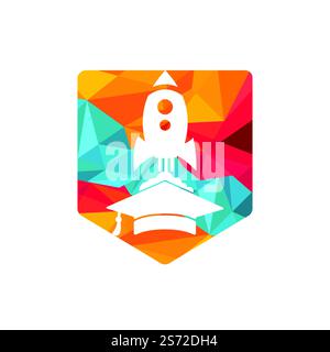 Graduierungskappe mit Raketenvektor-Logo. Logovorlage für Rocket Learning-Vektor. Stock Vektor