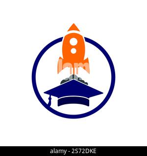 Graduierungskappe mit Raketenvektor-Logo. Logovorlage für Rocket Learning-Vektor. Stock Vektor