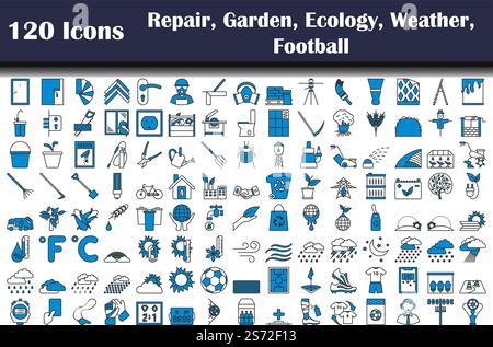 120 Ikonen Der Reparatur, Garten, Ökologie, Wetter, Fußballfans. Editierbare Fett Formatigte Kontur Mit Farbfüllungsdesign. Vektorgrafik. Stock Vektor