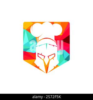 Designvorlage für das Vektorlogo des Spartanischen Küchenchefs. Minimales Logo des Chefkämpfers mit Darstellung des Chefhut-Vektors. Stock Vektor