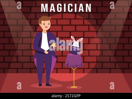 Zauberer Illusionist beschwört Tricks und winkt einen Zauberstab über seinen geheimnisvollen Hut auf einer Bühne in Template Hand Drawn Cartoon Flat Illustration Stock Vektor