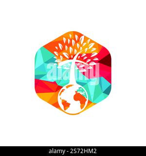 Designvorlage für das Vektorlogo der globalen Kirche. Globe mit Vektorsymbol für Kreuzbaum. Stock Vektor