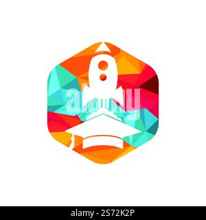 Graduierungskappe mit Raketenvektor-Logo. Logovorlage für Rocket Learning-Vektor. Stock Vektor