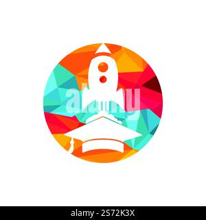 Graduierungskappe mit Raketenvektor-Logo. Logovorlage für Rocket Learning-Vektor. Stock Vektor