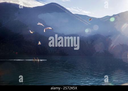 Fantastische Landschaft mit Kajak im Lugano-See - ein paar Sportler (Personen mit verschwommener Bewegung). Möwen in der Luft. Schweizer Alpen auf einer anderen Seite des Sees Stockfoto