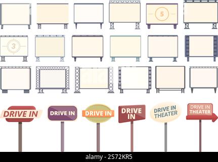 Drive-in-Kino-Symbole setzen den Comic-Vektor. Filmlaufwerk. Auto Auto. Drive-in-Kino-Symbole setzen den Comic-Vektor. Filmlaufwerk Stock Vektor