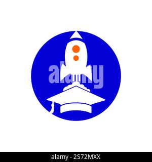 Graduierungskappe mit Raketenvektor-Logo. Logovorlage für Rocket Learning-Vektor. Stock Vektor