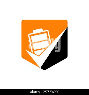 Design-Vorlage für Vektorlogo mit Batterieprüfzeichen. Vektordarstellung der Symbolvorlage für das Akku-Logo der Checkliste. Stock Vektor