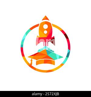 Graduierungskappe mit Raketenvektor-Logo. Logovorlage für Rocket Learning-Vektor. Stock Vektor