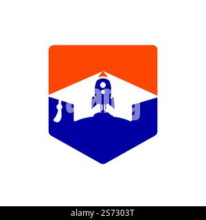 Graduierungskappe mit Raketenlogo. Rocket Logo für Flugausbildung oder Akademie. Stock Vektor
