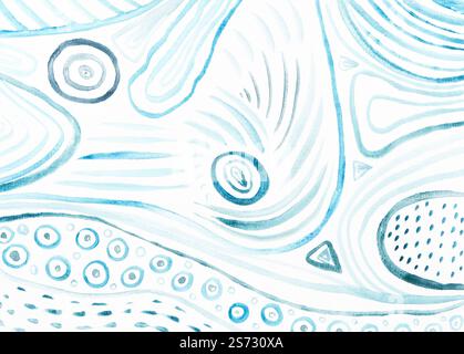Abstrakte geometrische Muster in Blau und weiß mit Kreisen und Linien in einem kreativen, handgezeichneten Design. Stockfoto