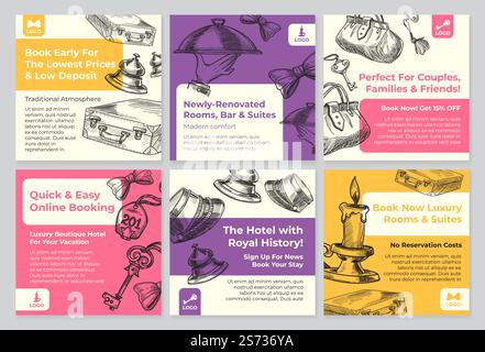 Social-Media-Post für Hotel-Sonderangebot. Frühzeitig zum niedrigsten Preis buchen, schnelles und einfaches Buchungsschild bei der Netzwerksammlung, Vektorillustration. Handgezeichnetes Linienelement beim Werbedesign. Social-Media-Post für Hotel-Sonderangebot Stock Vektor