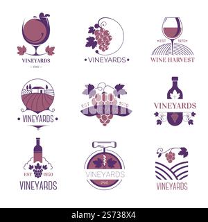 Weinbau und Weinbauindustrie oder -Handwerk. Feld mit Trauben, Herstellung alkoholischer Getränke, feiner Alkohol trinken in Gläsern. Emblem oder Etikett, Abzeichen oder Logo. Vektor in abgewickelter Form. Weinbau und Weinberg, Weinbau-Logotypen Stock Vektor