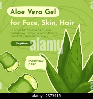 Alltagspflege für Gesicht und Haut, Haarbehandlung mit Aloe Vera Inhaltsstoff für Gesundheit und Wohlbefinden. Naturprodukte kaufen oder lagern. Website-Seite, Internet-Site, Landing-Page-Vorlage. Vektor in der Ebene. Aloe Vera für Gesicht, Haut und Haarbehandlungsnetz Stock Vektor