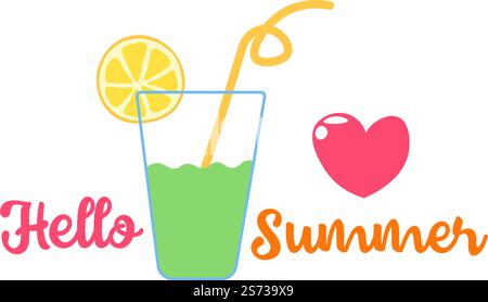 Cocktail mit dekorativem Stroh und Zitronenscheibe, isoliertes leckeres kühles Getränk. Hallo Sommer dekoratives Banner oder Aufkleber, Grußkarte oder Einladung zu Partyfeiern. Vektor in abgewickelter Form. Hallo Sommer, Cocktail mit Zitrone und Strohvektor Stock Vektor
