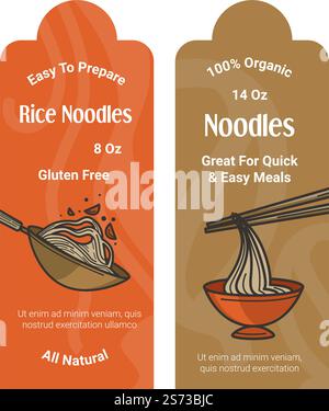 Bio- und naturbelassene Gerichte, japanische Reisnudeln, leicht zuzubereiten. Isolierte Etiketten oder Aufkleber für Produkte und Verpackungen. Asiatische Küche und ausgewogene Ernährung. Vektor in abgewickelter Form. Reisnudeln, einfach zuzubereitendes Qualitätskost, Emblem Stock Vektor