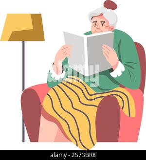 Ältere Frau, die Buch liest, sitzt im Sessel. Alte weibliche Figur mit einem Märchenbuch, die Literatur zu Hause genießt. Komfortable Entspannung. Oma Freizeit und Erholung. Vektor in abgewickelter Form. Großmutter liest Buch im Sessel, Freizeit Stock Vektor