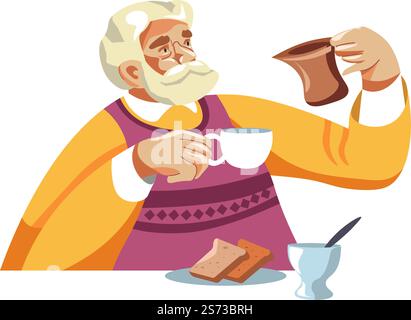 Älterer männlicher Charakter trinkt Kaffee im Café oder Restaurant, Abendessen zu Hause. Großvater mit Schnurrbart und Bart, der Tee und Essen genießt. Opas Lebensstil und Ruhe. Vektor in abgewickelter Form. Opa trinkt Kaffee zum Frühstück im Café Stock Vektor