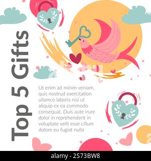 Romantische Geschenke für Feiertage und besondere Anlässe. Top 5 Geschenke für Freund oder Freundin. Taube mit Schlüssel, Herzen und Dekor. Werbebanner oder Werbeplakat. Vektor in abgewickelter Form. Top 5 Geschenke, romantische Geschenke an Feiertagen Stock Vektor