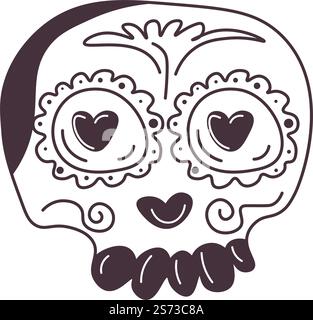Schädel mit floralen Ornamenten und Verzierungen, isolierter Skelettcharakter in Liebe. Emoji oder Sticker, santa muerte mexikanische Feiertagsfigur. Einfarbige Kontur für Tätowierungsskizze. Vektor in der Ebene. Skelett mit Blumenschmuck, santa muerte Emoji Stock Vektor