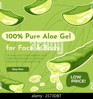 Aloe Vera Gel für Gesicht und Körper Behandlung und Pflege, Bio- und Naturprodukt für Kosmetik. Gesunde reine Zutat. Website-Seite, Internet-Site, Landing-Page-Vorlage. Vektor in abgewickelter Form. Reines Aloe Vera Gel für Gesicht und Körper Website Seite Stock Vektor