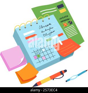 Organisation und Verwaltung, Zeitpläne und Termine in Kalendern. Optimierung von Arbeitsaufgaben und Fristen. Notizbuch und Haftnotizen mit Bleistift zum Schreiben. Vektor in abgewickelter Form. Kalender oder Planer, Organisator für Arbeitsaufgaben Stock Vektor