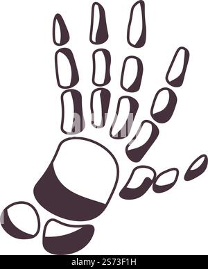 Hand eines Skeletts oder toten Menschen, isolierte Knochen Finger und Handfläche mit Geste. Sticker oder Emoji, gruselige halloween-Dekoration. Einfarbige Umrisse, minimalistische Tätowierungsskizze. Vektor in abgewickelter Form. Skeletthand, Knochenfinger des Charaktervektors Stock Vektor