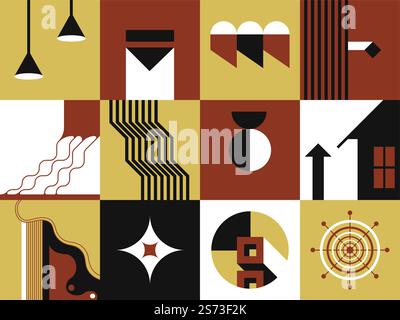 Zeitgenössisches abstraktes oder minimalistisches quadratisches Muster, Drucke mit modernem Design. Hängelampen und Haus, Kompass und Stern, diagonale Linien und Formen Geometrie. Vektor in abgewickelter Darstellung. Quadratisches Muster mit abstraktem Design und modernem Stil Stock Vektor